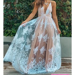 NWOT Floral Tulle Maxi Dress with Criss Cross Back